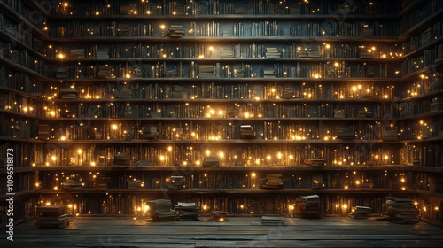 Enchanted Library with Warm Golden Light: A Magical Bookcase Design