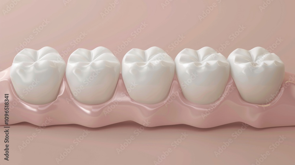 3D close-up model of molar teeth embedded in gums on a pink background. Educational tool for dental studies, orthodontics, and oral anatomy training. Generative AI 3D close-up model of molar teeth embedded in gums on a pink background. Educational tool for dental studies, orthodontics, and oral anatomy training. Generative AI