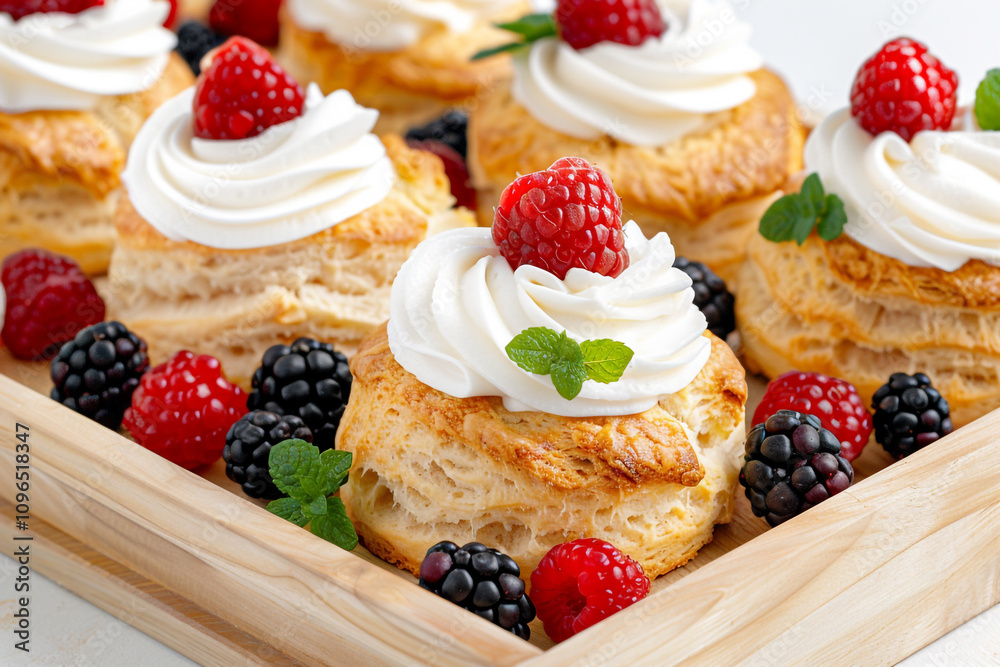 Delicious Berry Scones with Clotted Cream on Wooden Serving Tray