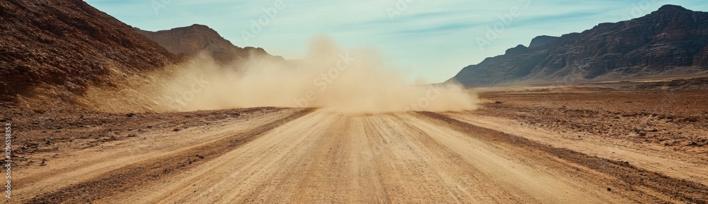 Safari and travel to Africa, extreme adventures or scientific expeditions in a rocky desert. Sahara desert at sunrise, mountain landscape with dust on the horizon, hills, and traces of an off-road
