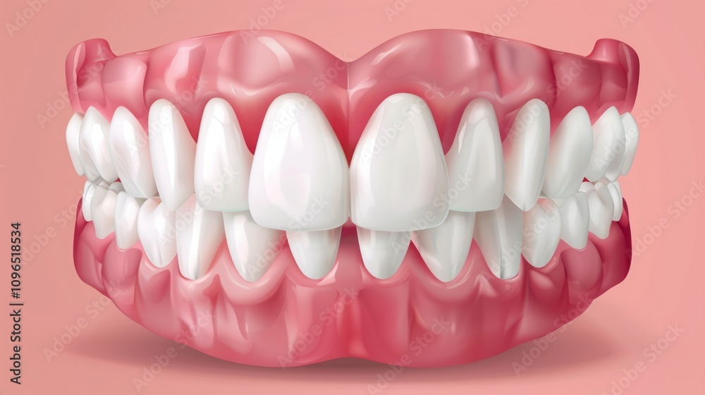 3D render of full teeth and gums anatomy on a pink background. Detailed visualization for dentistry, oral health, and orthodontics. Generative AI 3D render of full teeth and gums anatomy on a pink background. Detailed visualization for dentistry, oral health, and orthodontics. Generative AI