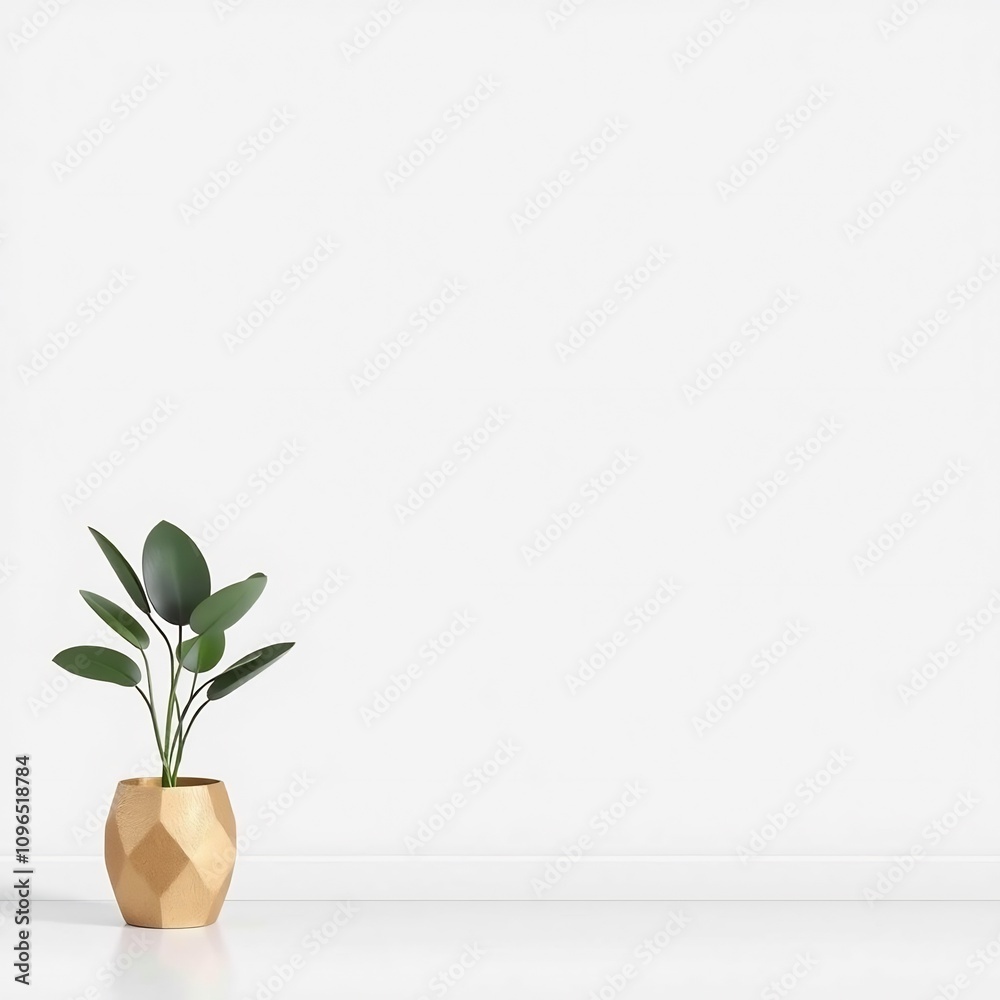A single green plant in a gold geometric pot, against a white wall and floor. A single green plant in a gold geometric pot, against a white wall and floor.