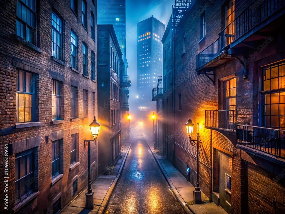 Fototapeta premium Aerial View of a Misty Urban Alleyway at Night Surrounded by Tall Buildings and Illuminated by Streetlights on a Foggy Evening