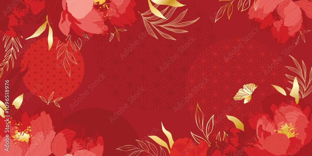 Chinese new year luxury pattern background vector. Oriental peony flower and leaves gold line art on red background. Design illustration for wallpaper, poster, banner, packaging, advertising. Chinese new year luxury pattern background vector. Oriental peony flower and leaves gold line art on red background. Design illustration for wallpaper, poster, banner, packaging, advertising.
