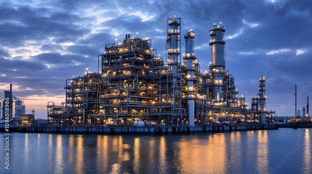 Industrial Refinery at Dusk. Complex Structure Reflecting in Water Industrial Refinery at Dusk. Complex Structure Reflecting in Water