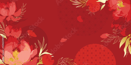 Chinese new year luxury pattern background vector. Oriental peony flower and leaves gold line art on red background. Design illustration for wallpaper, poster, banner, packaging, advertising.