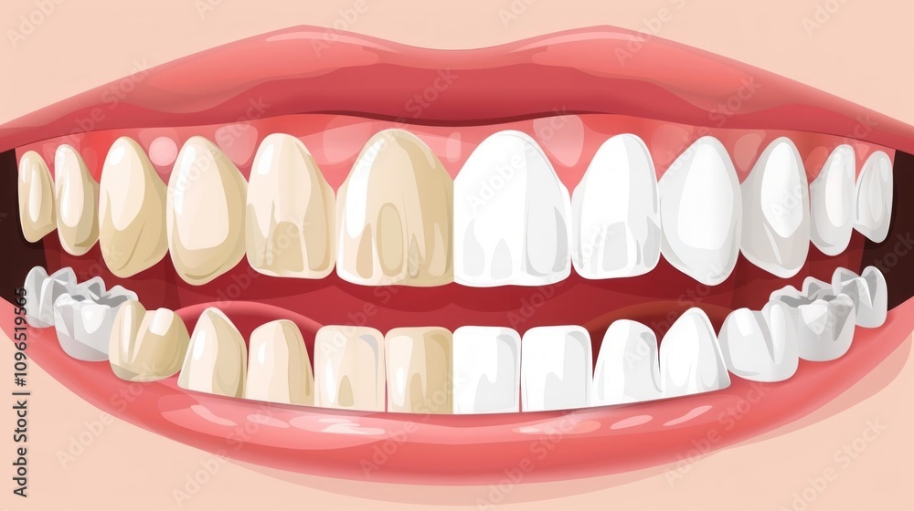 Illustration of teeth before and after whitening. Side-by-side comparison of yellowed and whitened teeth for dental care, oral hygiene, and cosmetic dentistry education. Generative AI Illustration of teeth before and after whitening. Side-by-side comparison of yellowed and whitened teeth for dental care, oral hygiene, and cosmetic dentistry education. Generative AI