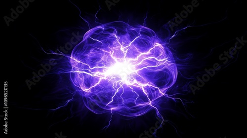 A striking abstract depiction of a glowing purple energy sphere radiating electric currents and light, set against a black background, exuding power and a futuristic aura