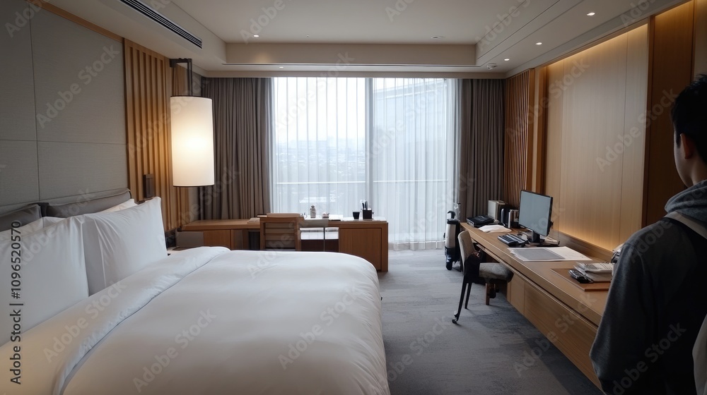 Spacious and stylish hotel room featuring a comfortable bed, an office desk, and ample natural light from a large window Spacious and stylish hotel room featuring a comfortable bed, an office desk, and ample natural light from a large window