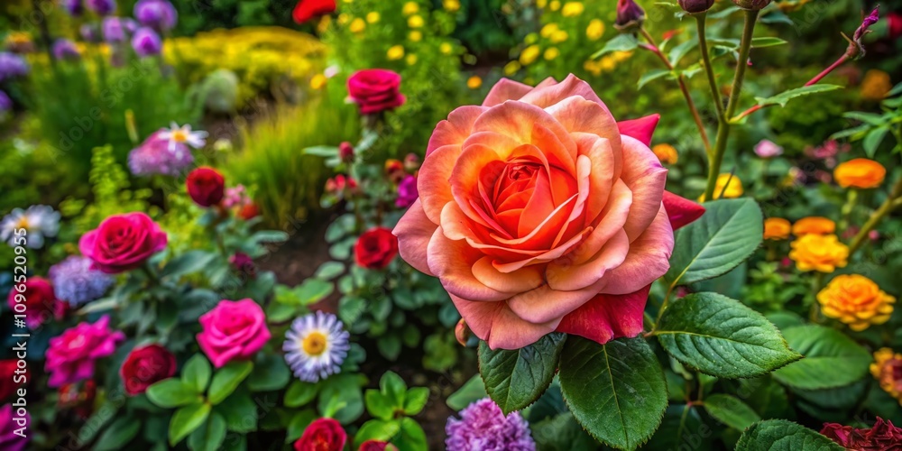 Aerial View of a Stunning Single Rose Surrounded by Lush Greenery, Showcasing Nature's Beauty and Elegance in a Captivating Floral Composition Aerial View of a Stunning Single Rose Surrounded by Lush Greenery, Showcasing Nature's Beauty and Elegance in a Captivating Floral Composition