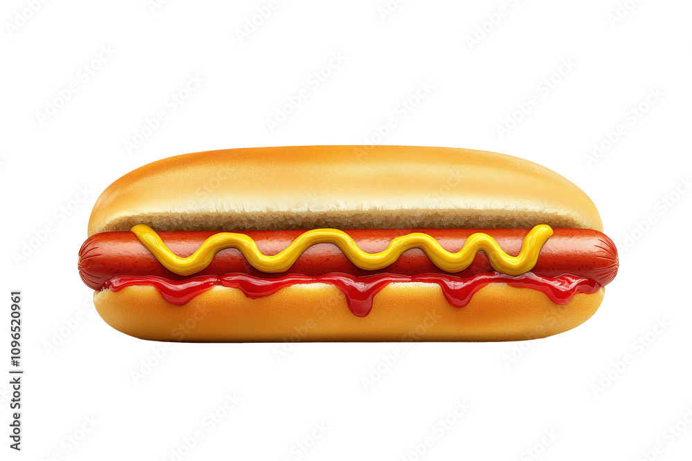 Perrito caliente con mostaza y tomate con pan en fondo blanco Perrito caliente con mostaza y tomate con pan en fondo blanco