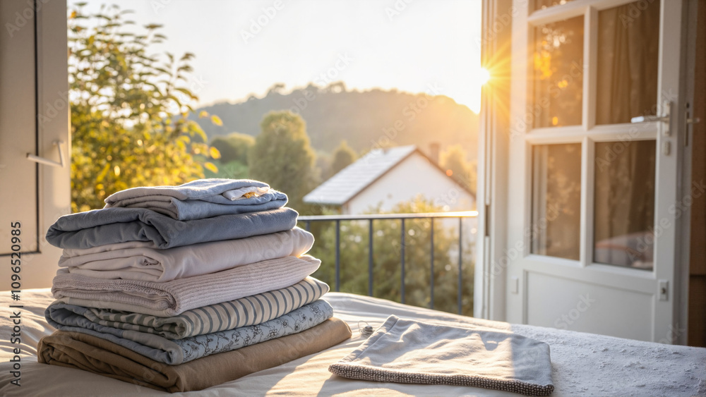 Folded towels on table near window with sunlight Folded towels on table near window with sunlight