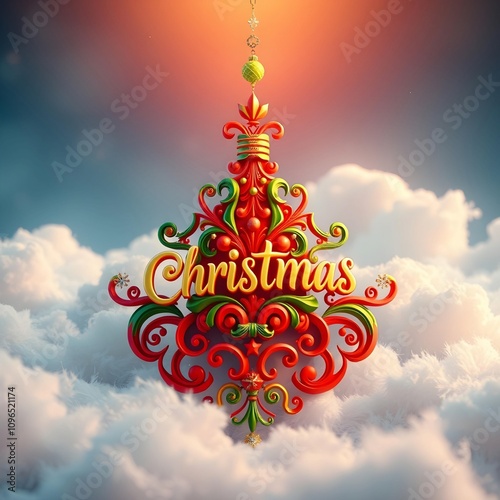 christmas greeting card. a christmas ornament hangs from a string with a christmas ornament hanging from it.
