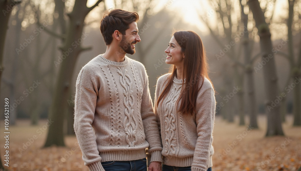 Fototapeta premium Affectionate Young Couple in Matching Beige Sweaters Standing Close in Late Autumn Park