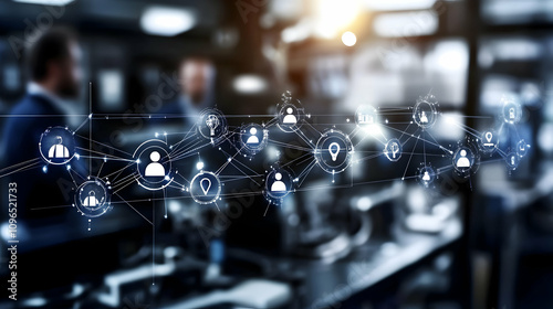 Abstract Network Illustration: Nodes Representing Connections and Data Flow in a Blurred Office Setting