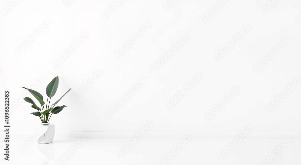 A single green plant in a white vase on a white surface against a white wall. A single green plant in a white vase on a white surface against a white wall.