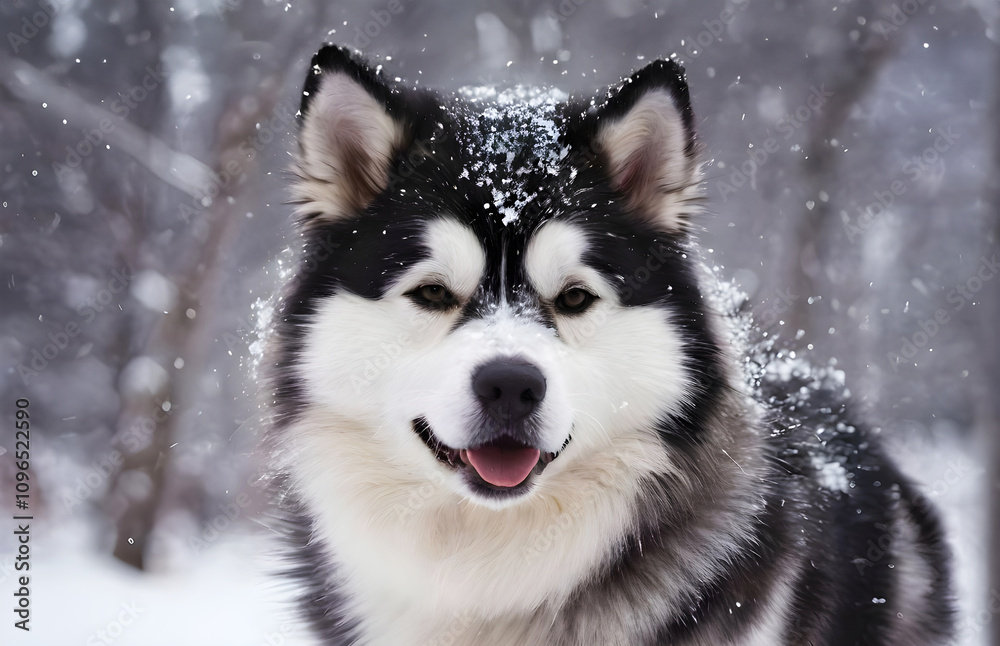 Alaskan Malamute dog having fun playing in the snow. Alaskan Malamute dog having fun playing in the snow.