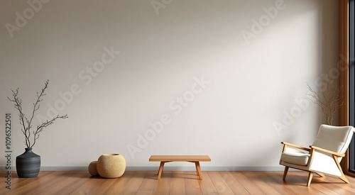 Minimalist living room interior design with a white armchair, a wooden coffee table, a vase with dried branches, and a wicker basket.