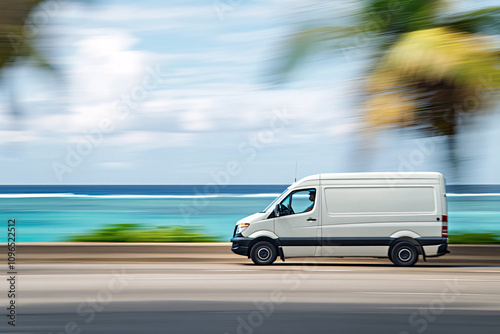 a white delivery van speeds along a coastal road with blurred palm trees and a bright blue ocean in the background  
