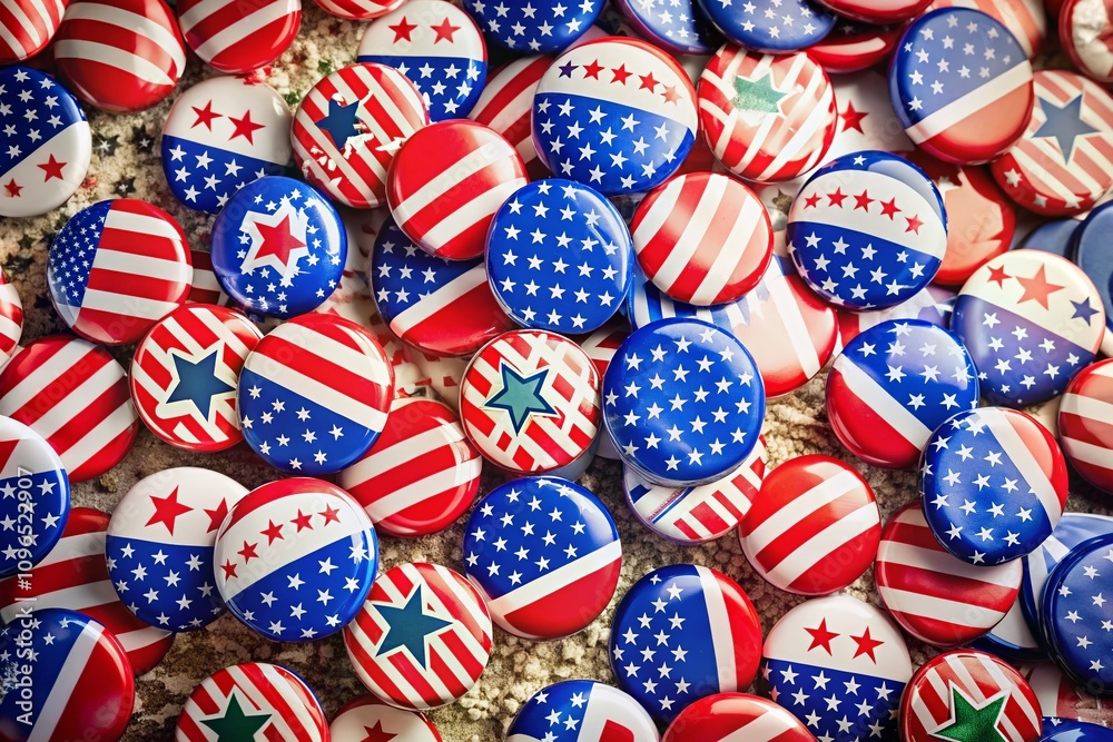 Fototapeta premium Aerial View of American Presidential Election 2016 Badges and Vote Labels, Featuring Symbols of Democracy and Civic Engagement in the United States