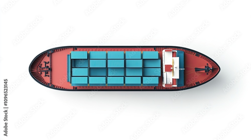 Top view container vessel, global trade and logistics, hyper-realistic, isolated on white background
