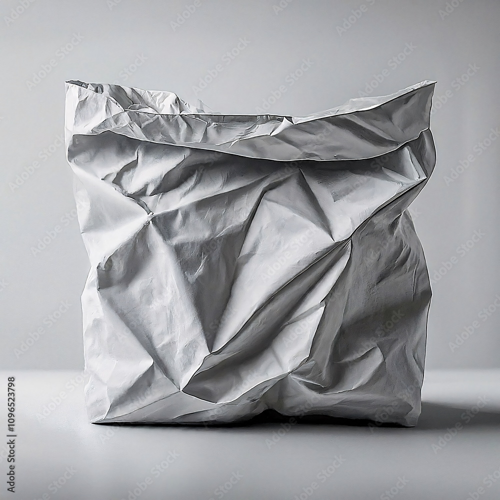 Wrinkled or crumpled white or silver shiny paper bag or pouch isolated on white background. Wrinkled or crumpled white or silver shiny paper bag or pouch isolated on white background.