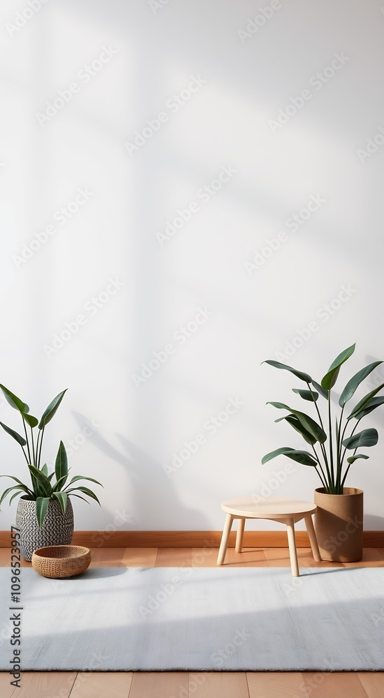Minimalist interior design with two potted plants, a wooden stool and a rug on hardwood floor.