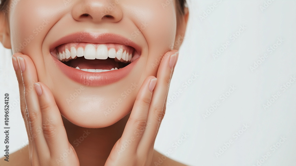 Obraz premium 両手で顔を包み込むようにスキンケアしている日本人女性の画像