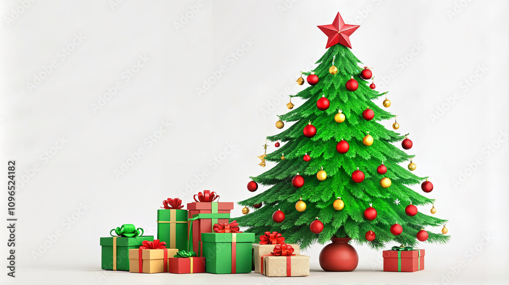 Fototapeta premium Decorated Christmas tree with gifts and red star