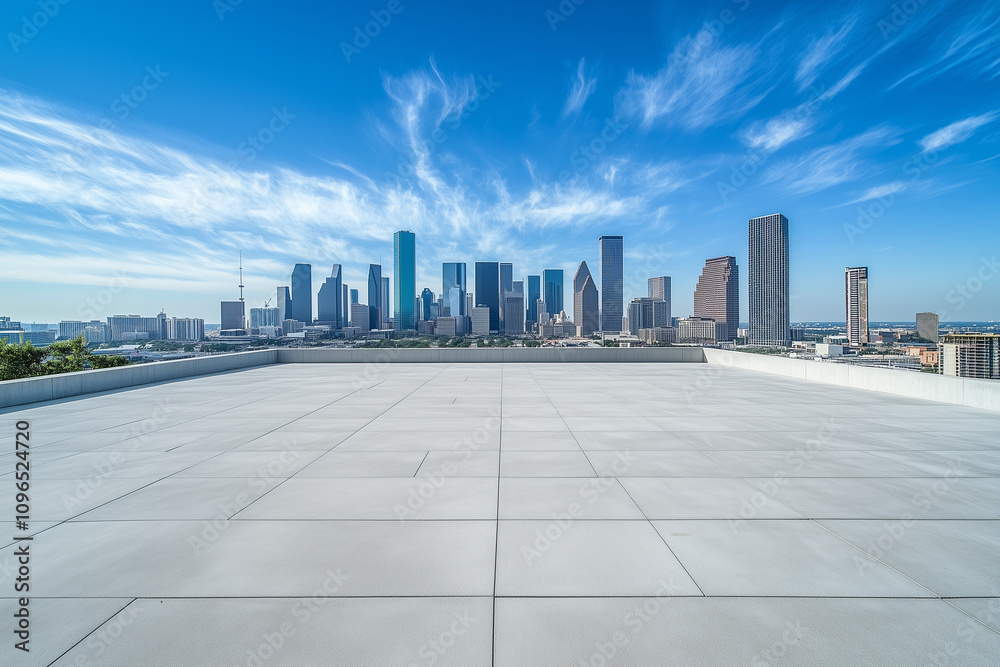 Obraz premium Empty Rooftop with City Skyline and Clear Blue Sky
