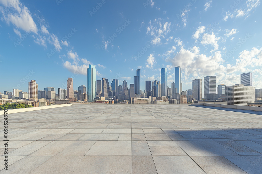 Empty Rooftop with City Skyline and Clear Blue Sky Empty Rooftop with City Skyline and Clear Blue Sky