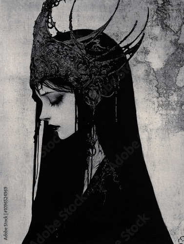 High-Contrast Black-and-White Portraits of a Woman with an Intricate Gothic Headpiece, Highlighting Dark Elegance, Mystery, and Artistic Fantasy photo