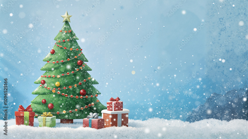 Snowy Christmas tree with presents under wintry sky Snowy Christmas tree with presents under wintry sky