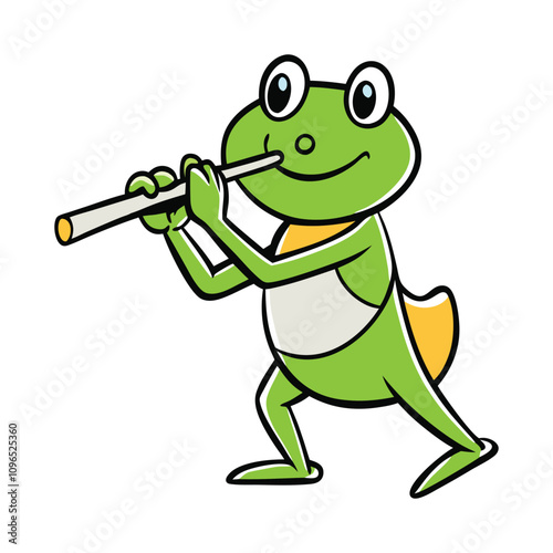 A frog plays a flute with skill, its tiny fingers dancing across the keys. The sound is magical, filling the air with soothing melodies, as the frog serenades the peaceful pond.