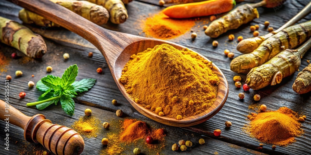 Aerial View of Dried Turmeric Root Powder on a Wooden Spoon Surrounded by Fresh Turmeric Roots and Spices in a Rustic Kitchen Setting with Natural Light