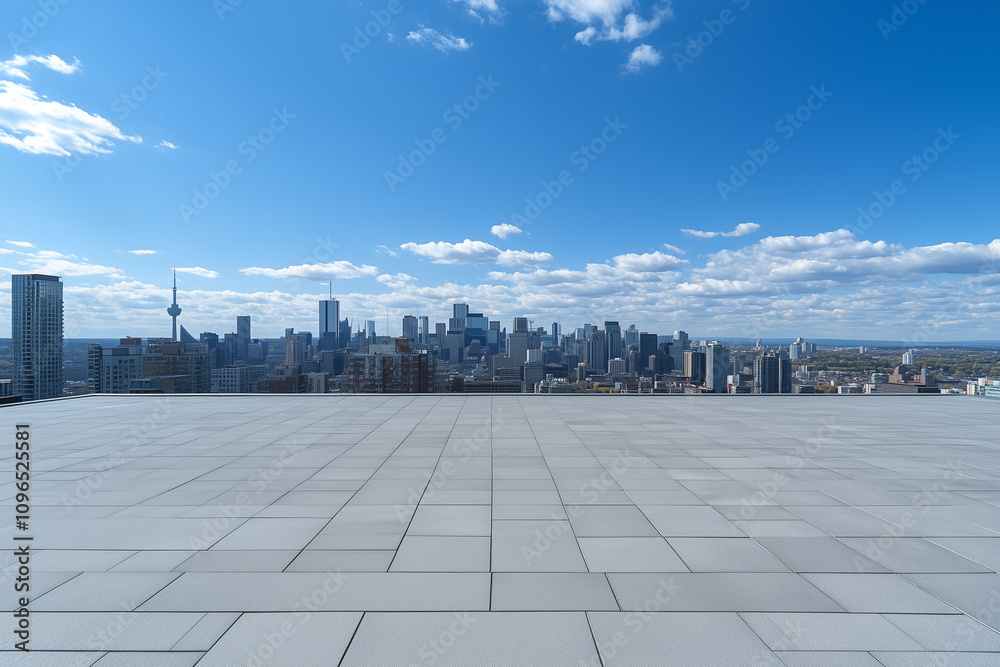 Empty Rooftop with City Skyline and Clear Blue Sky Empty Rooftop with City Skyline and Clear Blue Sky