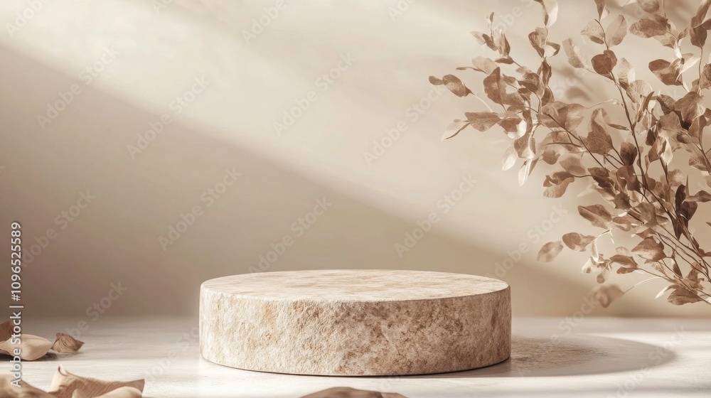 A round stone pedestal with a leafy branch on top of it A round stone pedestal with a leafy branch on top of it