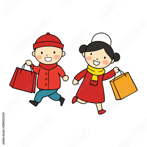 Kids excitedly join the Lunar New Year shopping, picking out decorations, treats, and new clothes, eagerly preparing to celebrate the festive season with family and friends.