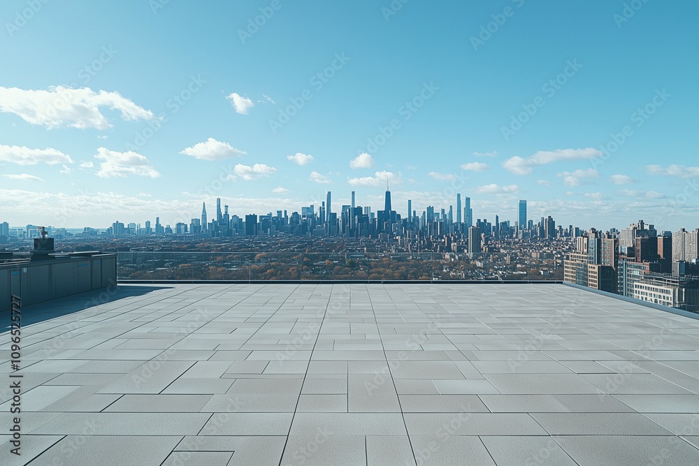 Empty Rooftop with City Skyline and Clear Blue Sky Empty Rooftop with City Skyline and Clear Blue Sky