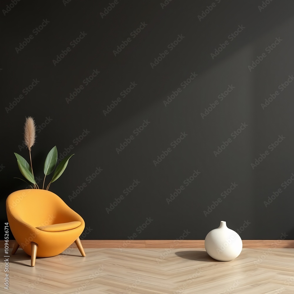Yellow chair with wooden legs and a white vase on wooden floor against black wall.