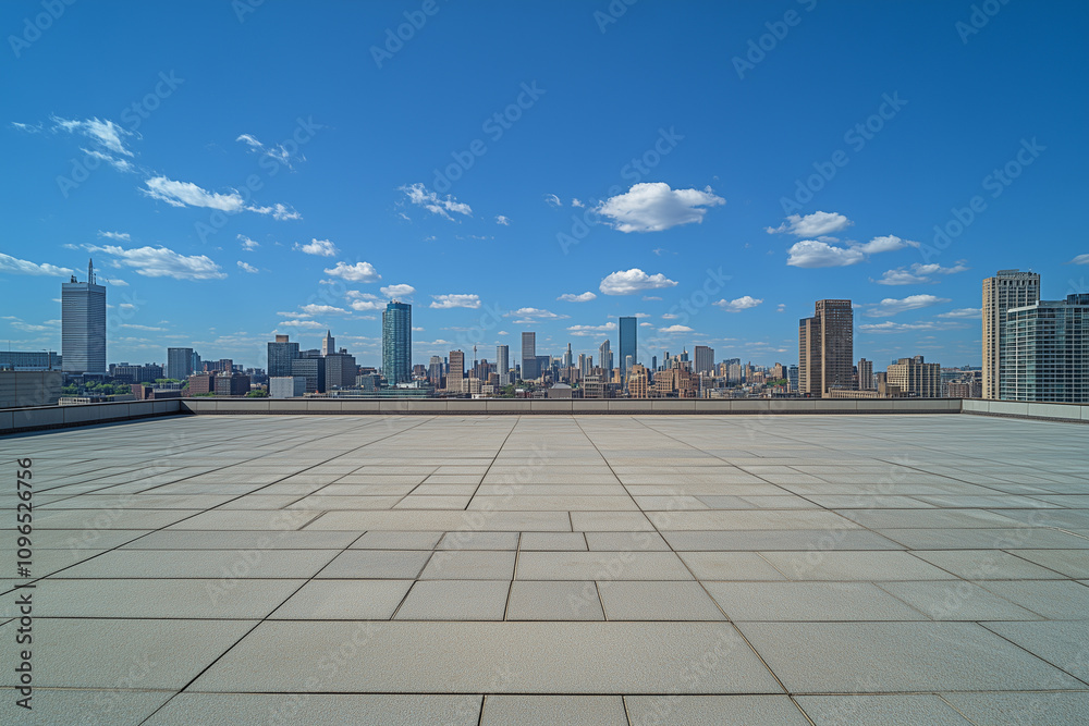 Obraz premium Empty Rooftop with City Skyline and Clear Blue Sky