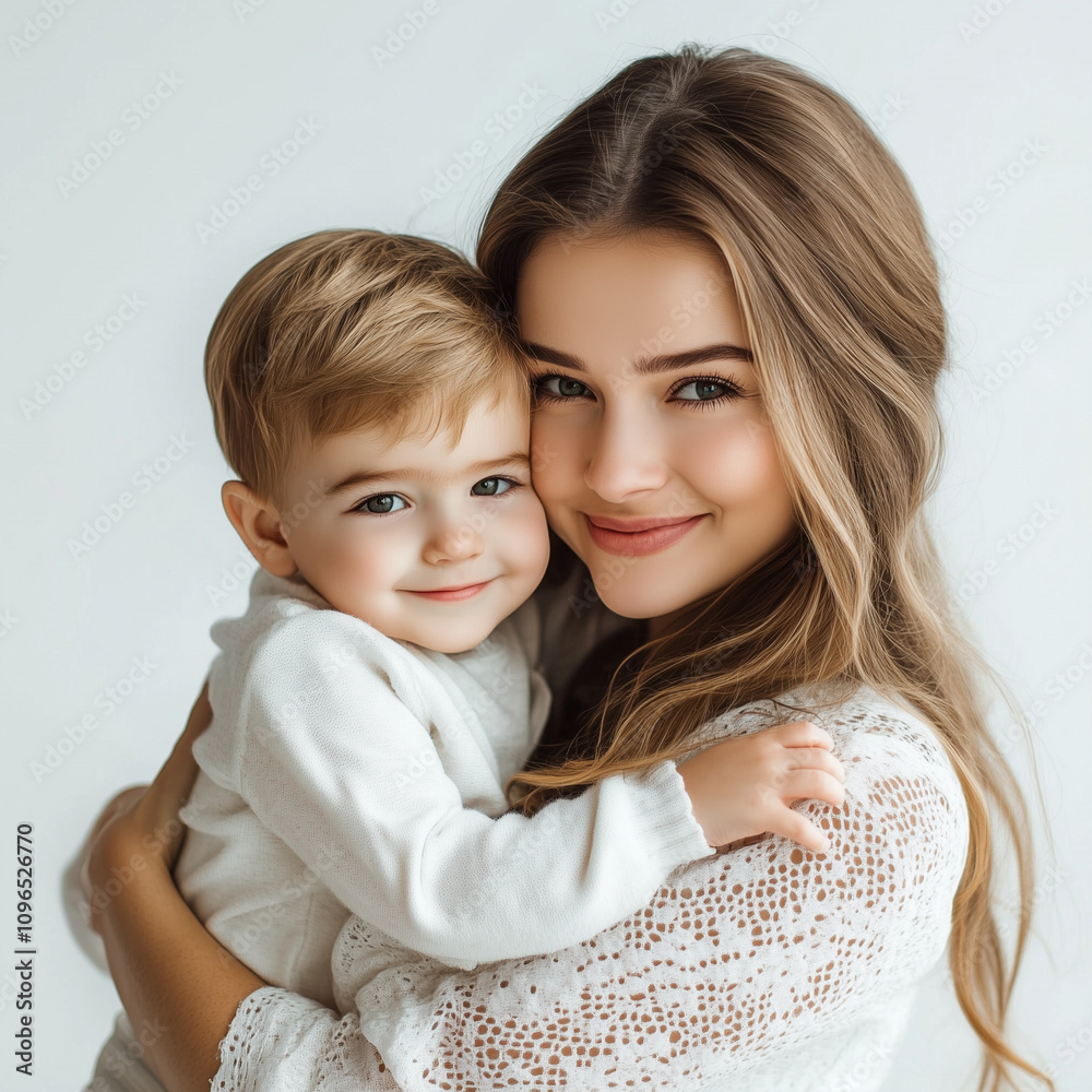 A happy mother hugs her child, both smiling against a white background A happy mother hugs her child, both smiling against a white background
