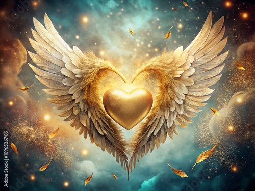 Aerial View of Grunge Heart Shape with Gold Wings Silhouette and Angel Feather Symbol Art in Vibrant Colors, Perfect for Symbolizing Love, Freedom, and Spirituality