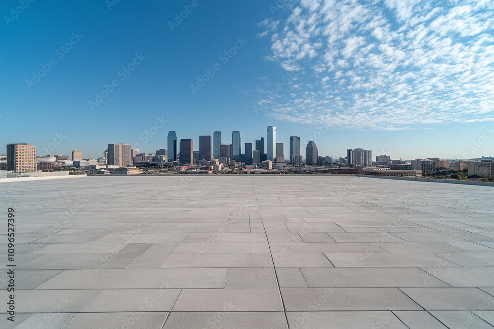 Obraz premium Empty Rooftop with City Skyline and Clear Blue Sky