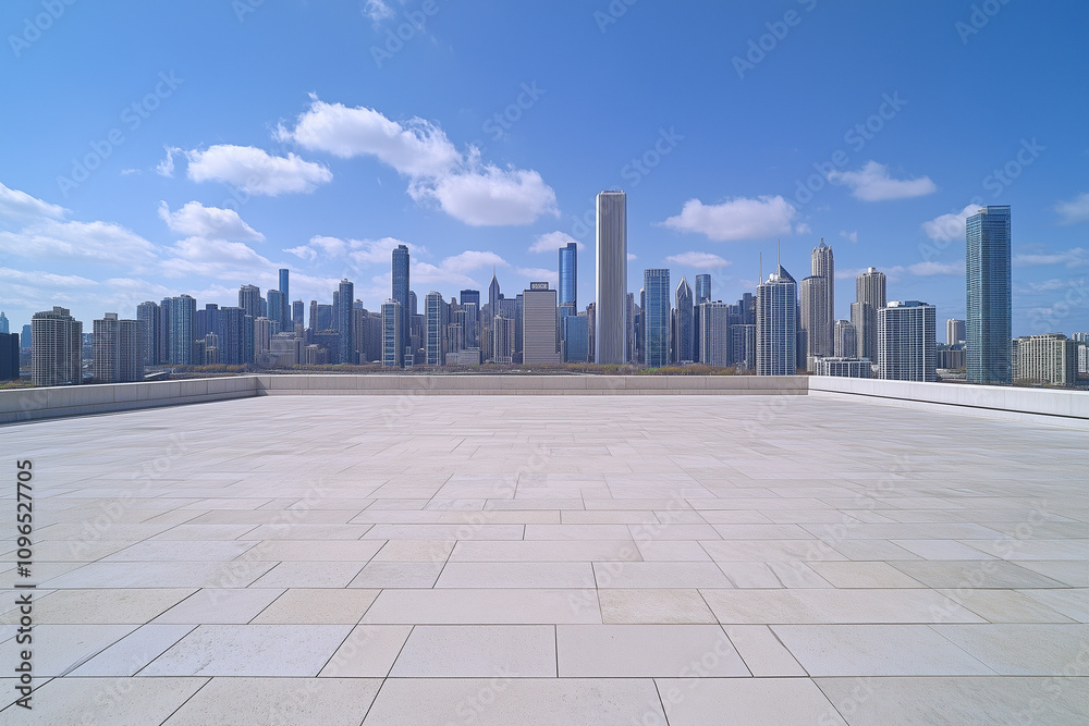 Empty Rooftop with City Skyline and Clear Blue Sky Empty Rooftop with City Skyline and Clear Blue Sky
