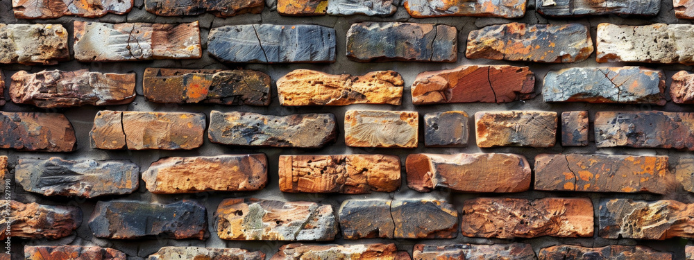 Colorful brick wall texture with a mix of earthy tones, showcasing natural variations and details in different lighting conditions Colorful brick wall texture with a mix of earthy tones, showcasing natural variations and details in different lighting conditions