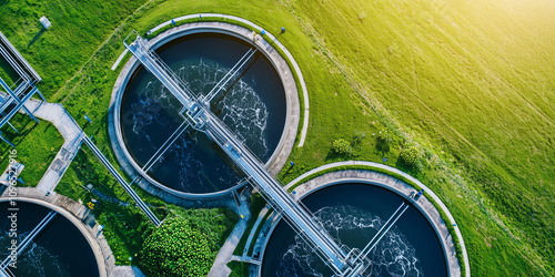 Aerial view of modern water treatment plant with circular tanks, highlighting sustainable practices and green surroundings. facility is designed for efficient water management