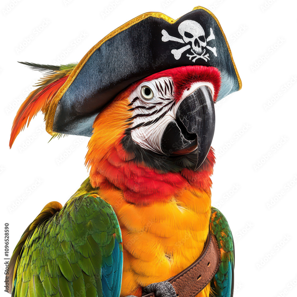 Naklejka premium Colorful parrot wearing pirate hat and belt, exuding playful spirit. Isolated on transparent background.