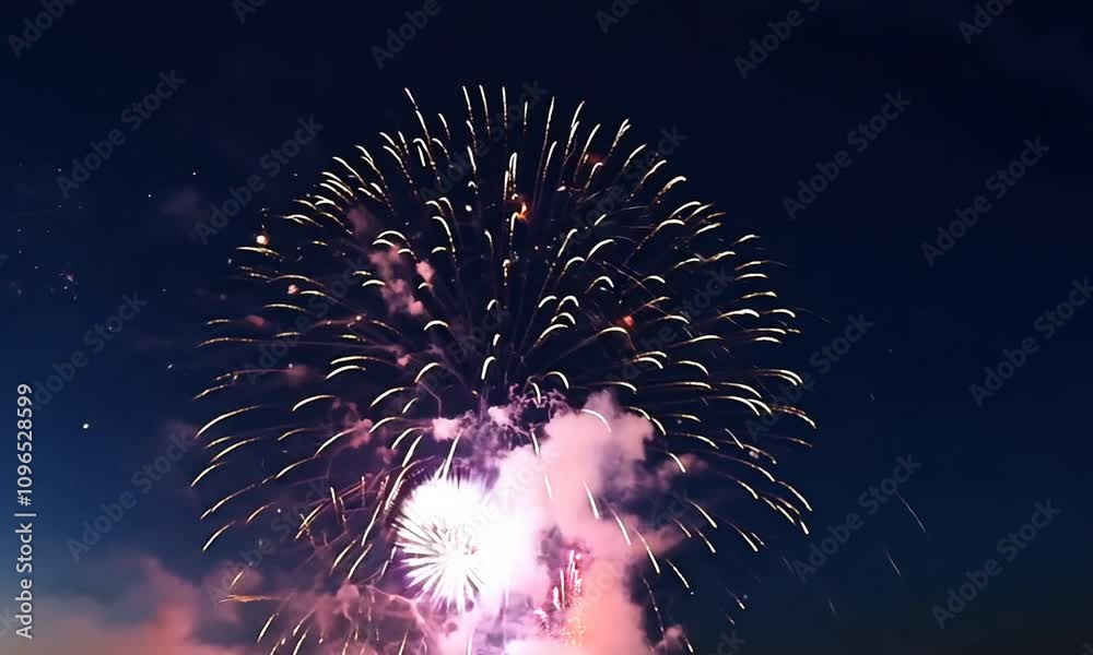 New Year red, green and blue fireworks in navy blue Night city sky