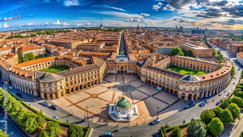Fototapeta Naklejka Na Ścianę i Meble -  Aerial View of Place du Capitole in Toulouse Capturing the Stunning Architecture, Vibrant Atmosphere, and Historical Significance of This Iconic French Landmark